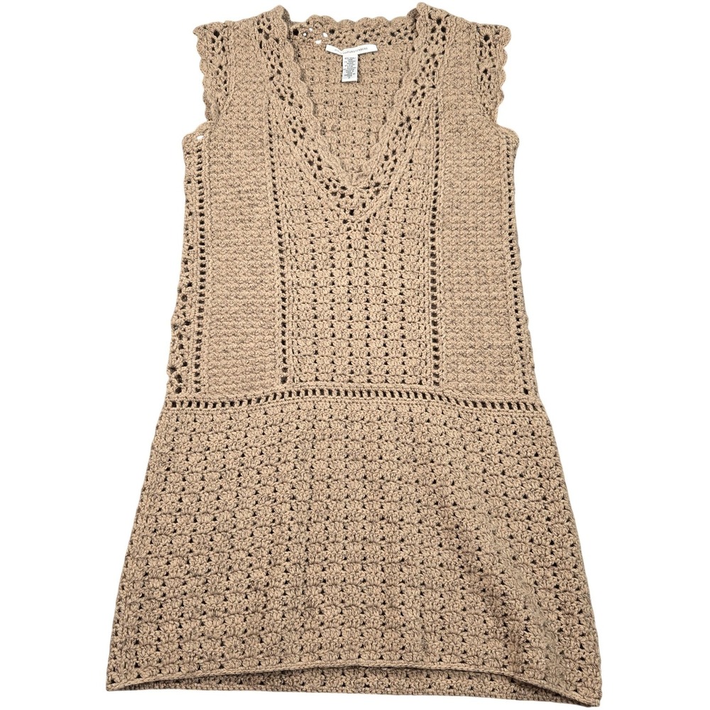 Diane Von Furstenberg Sweater Dress Womens P Beige Crochet Wool V Neck Knit